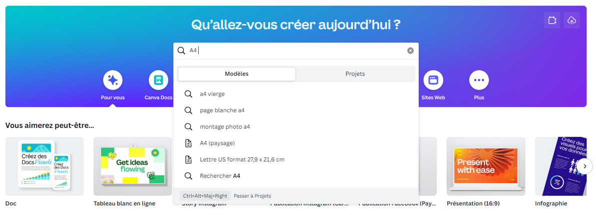 Création de document sur Canva, format